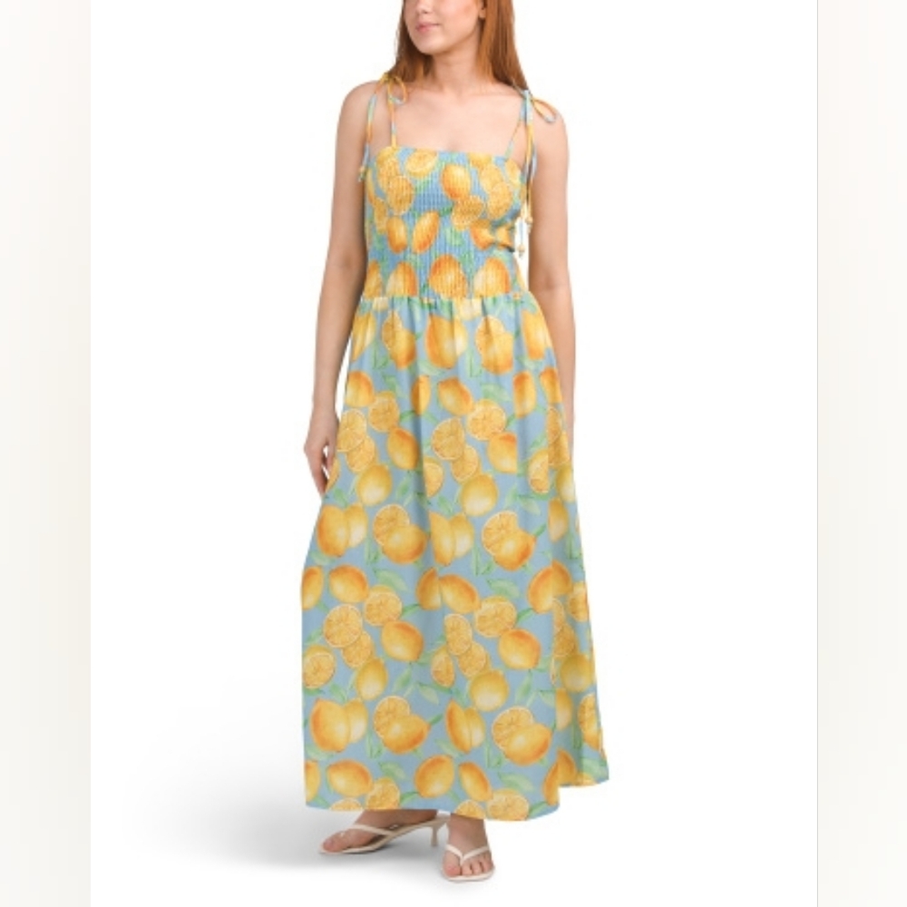 NWT -Vanessa Zani Italy Fruit Pattern Tie Strap "Icy Blue" Smocked Bodice Maxi-L